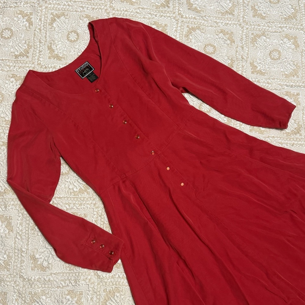 VTG Western Dress S Studio West Tencel Red Tie Back Pearl‎ Snaps Cowgirl Rodeo